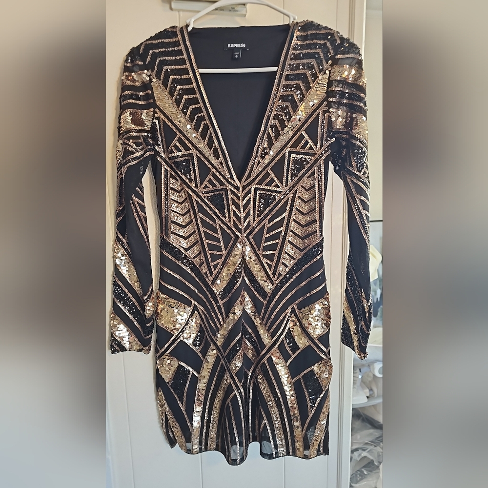 Express Black and Gold Geometric Sequin Dress